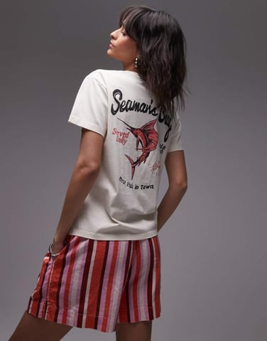 Topshop graphic Seamans Bay back print boxy tee in ecru