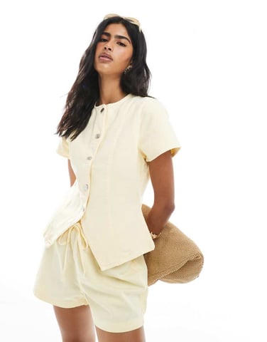 ASOS DESIGN denim button up short sleeve top in yellow