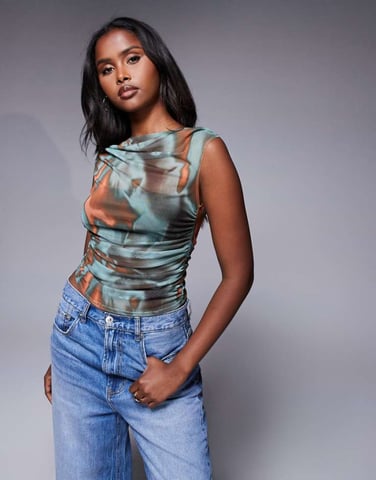 ASOS DESIGN gathered short sleeve off shoulder mesh top in abstract grunge print
