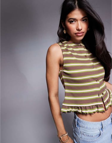 ASOS DESIGN stripe ruffle sleeveless boxy top in brown