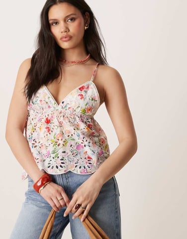 Gina Tricot strapless blommig broderad singlet-topp i färgglad blommönster
