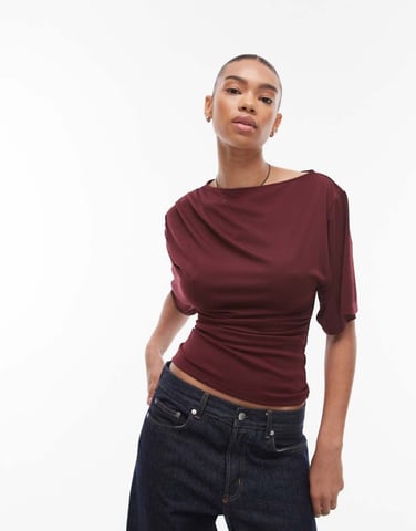 Topshop knytning sida kortärmad jersey-topp i bordeaux