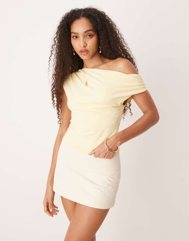 Gina Tricot slinky jersey one shoulder ruched twist top in butter yellow