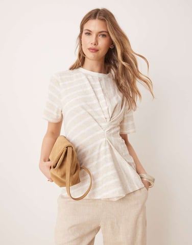 ASOS DESIGN pleat tuck detail t-shirt in neutral stripe