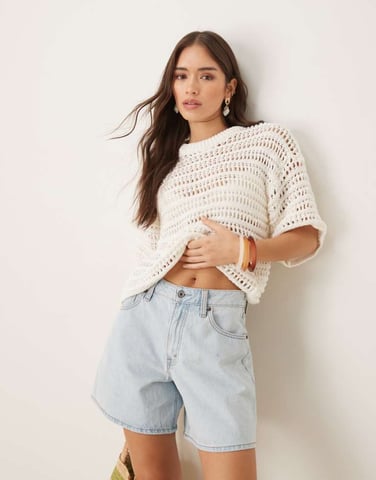 ASOS DESIGN relaxed short sleeve t-shirt in mock crochet stitch in cream