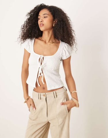 ASOS DESIGN textured babydoll with tie front detail in white