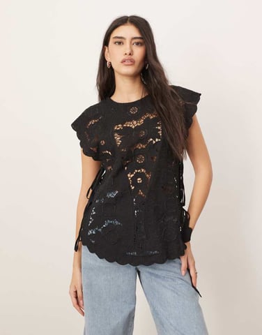 ARRANGE cotton cutwork embroidered top with tie side in black