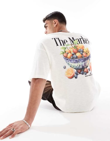 ASOS DESIGN heavyweight oversized t-shirt with back fruit graphic in textured fabric in off white