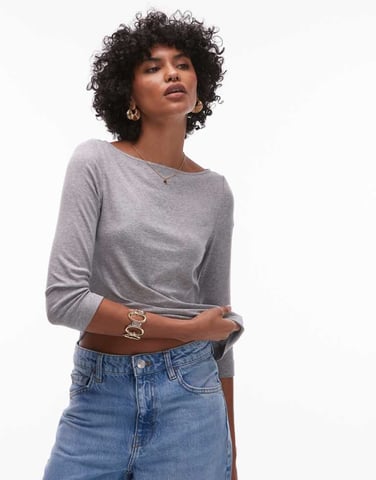 ARKET fluid ribbed jersey boat neck top with 3/4 sleeves in grey melange