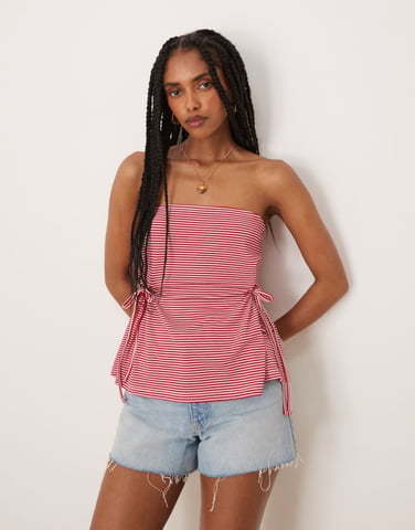 ASOS DESIGN stripe cinched tie side bandeau in red