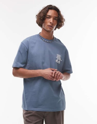 Topman relaxed fit t-shirt with front and back Soho print in blue