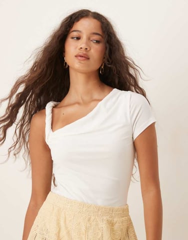 ASOS DESIGN draped twist shoulder cut out short sleeve bodysuit in cream