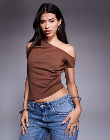 ASOS DESIGN jersey twill off shoulder top in brown