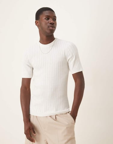 ASOS DESIGN muskelpassform lätt stickad rib t-shirt i vitt