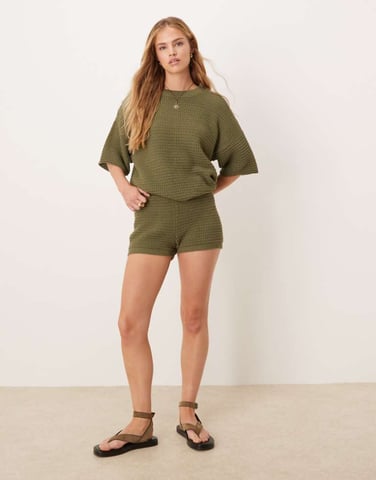 ASOS DESIGN co-ord knitted stitch relaxed t-shirt in khaki