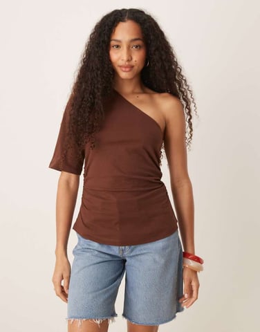 ASOS DESIGN asymmetric cinched t shirt in brown