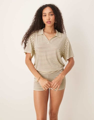 ASOS DESIGN short sleeve rugby collar top co-ord in yellow and choc stripe
