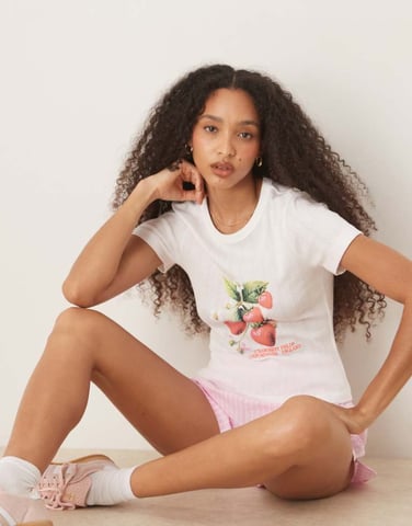 ASOS DESIGN baby tee with strawberry graphic in cream pointelle