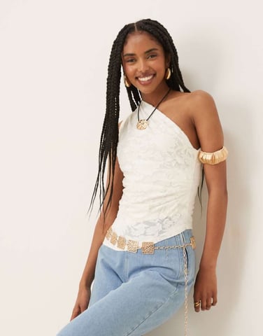 Gina Tricot jacquard short sleeve off shoulder top with asymmetric hem in white