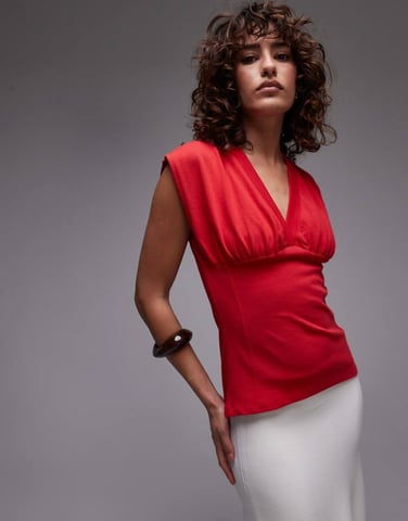 Topshop v-neck sleeveless structured top in red