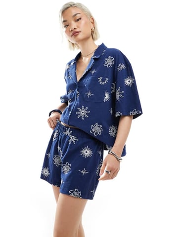 ASOS DESIGN revere shirt co-ord with solstice embroidery in navy