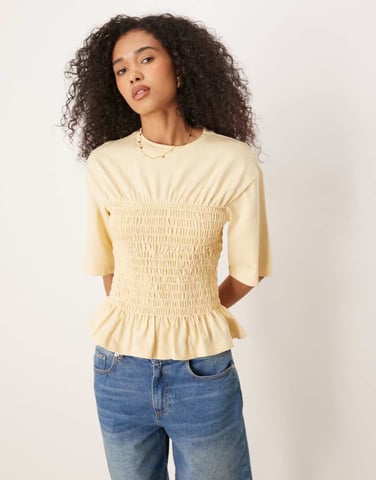 ASOS DESIGN shirred t shirt top in buttermilk