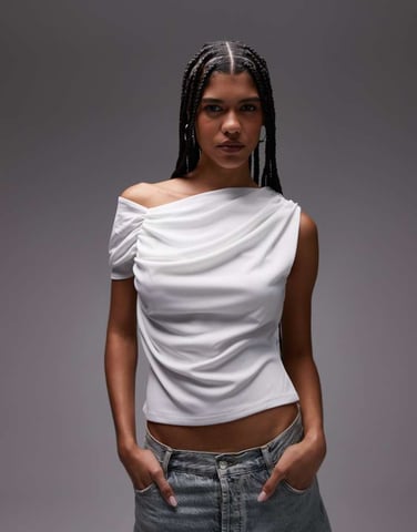 Topshop ruched detail one shoulder top in ivory