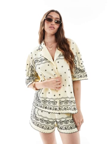 ASOS DESIGN revere shirt with bandana embroidery in yellow