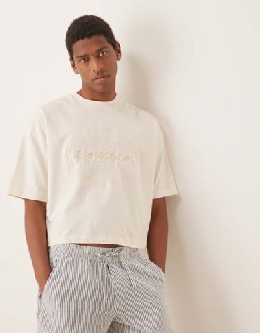ASOS DESIGN cropped oversized t-shirt with tonal cut out embroidery in cream