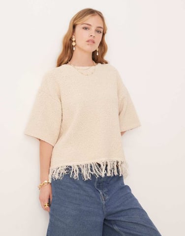 ASOS DESIGN premium textured t-shirt with fringe hem in cream - CREAM