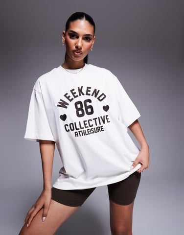 Weekend Collective co-ord t-shirt with embroidered chocolate heart print in cream