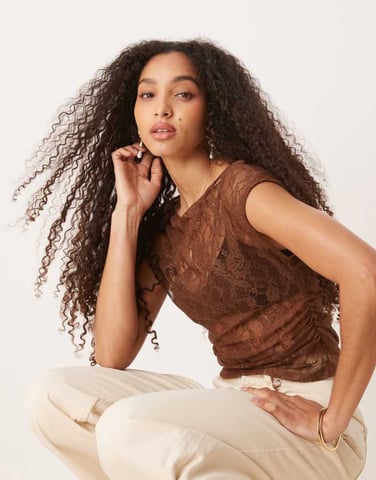 ASOS DESIGN sheer lace off shoulder ruched side top in brown