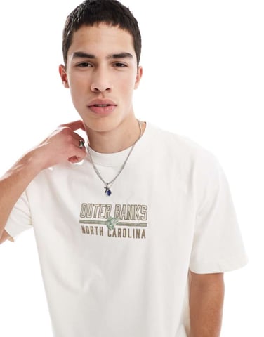 Hollister heavy weight boxy t-shirt with location motif detail in cream