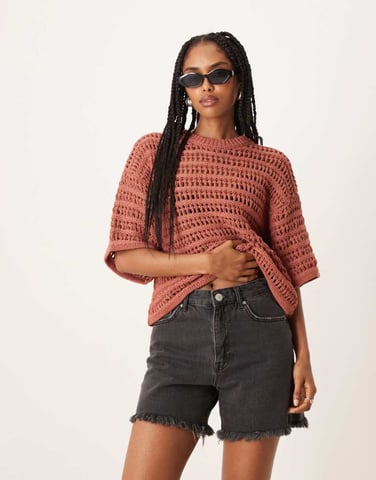 ASOS DESIGN relaxed short sleeve t-shirt in mock crochet stitch in rust