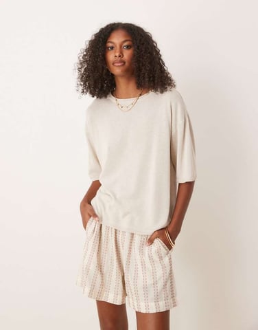 ASOS DESIGN knitted relaxed t-shirt in linen mix in stone