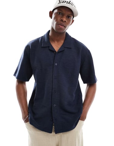Threadbare short sleeve jersey textured shirt in navy