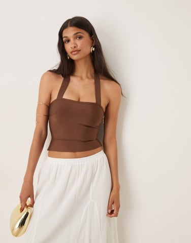 ASOS DESIGN bandage halter strap top in brown