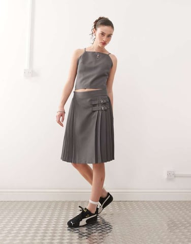 COLLUSION tailored midi kilt co-ord in grey