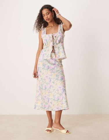 YAS satin midi skirt co-ord in meadow floral print