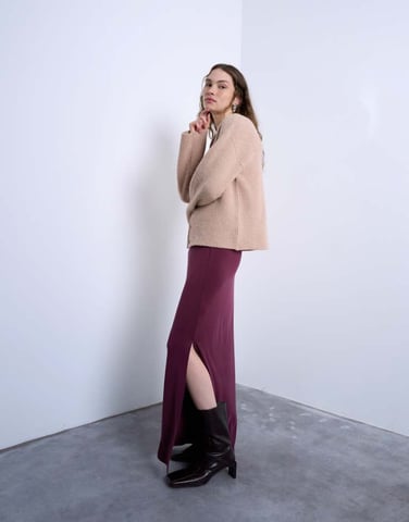 Topshop cupro ruched maxi skirt with hitch side detail in burgundy