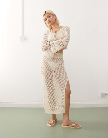 Noisy May crochet tie detail maxi skirt co-ord in beige