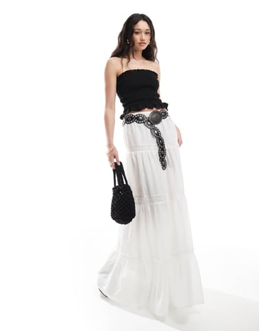 ASOS DESIGN lace insert tiered boho maxi skirt in white