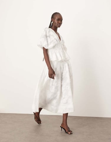 ARRANGE daisy organza pintuck dropped waist midi skirt co-ord in white