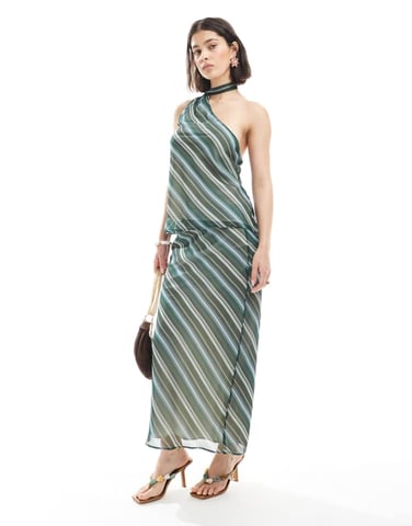 ASOS DESIGN chiffon bias cut maxi skirt in green stripe