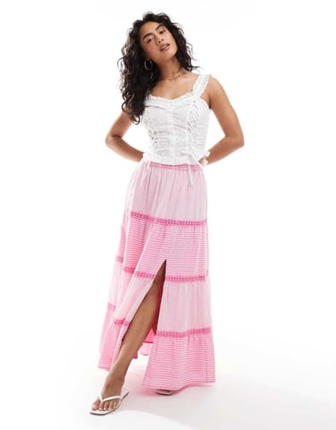 Miss Selfridge gingham and stripe mix maxi skirt