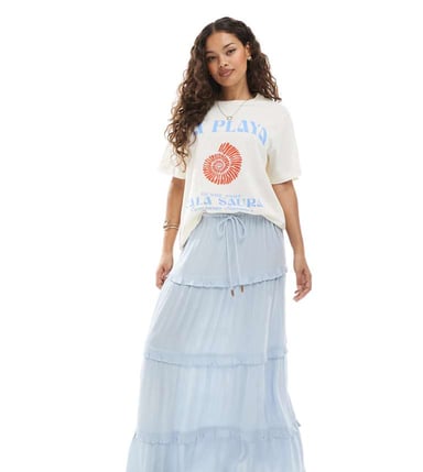 Miss Selfridge Petite tiered maxi skirt in light blue