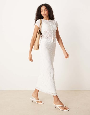 ASOS DESIGN co-ord textured lace sheer midi skirt in ivory