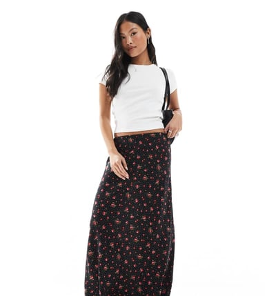Miss Selfridge Petite spun maxi skirt in black heart print