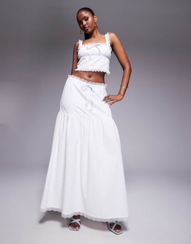 Kaiia exclusive textured lace trim dropped waist blue tie detail maxi skirt co-ord in white