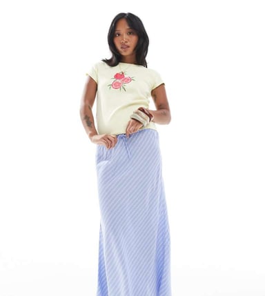 ONLY Petite high waist maxi skirt in diagonal blue stripes